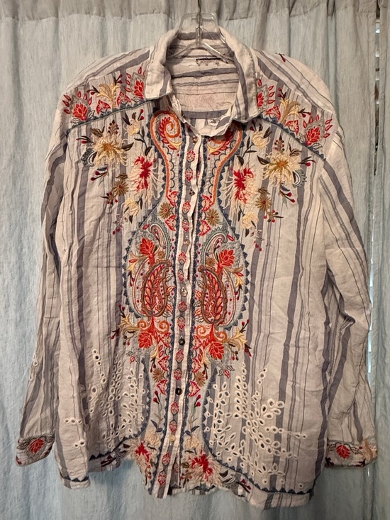 Johnny Was Tops - Johnny Was White Striped Button-Down with Red & Gold Embroidery